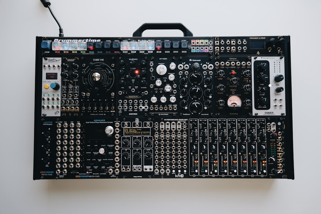 Complex modular synthesizer with many knobs and buttons