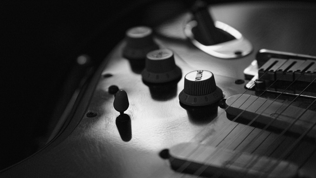 A black and white photo of a guitar