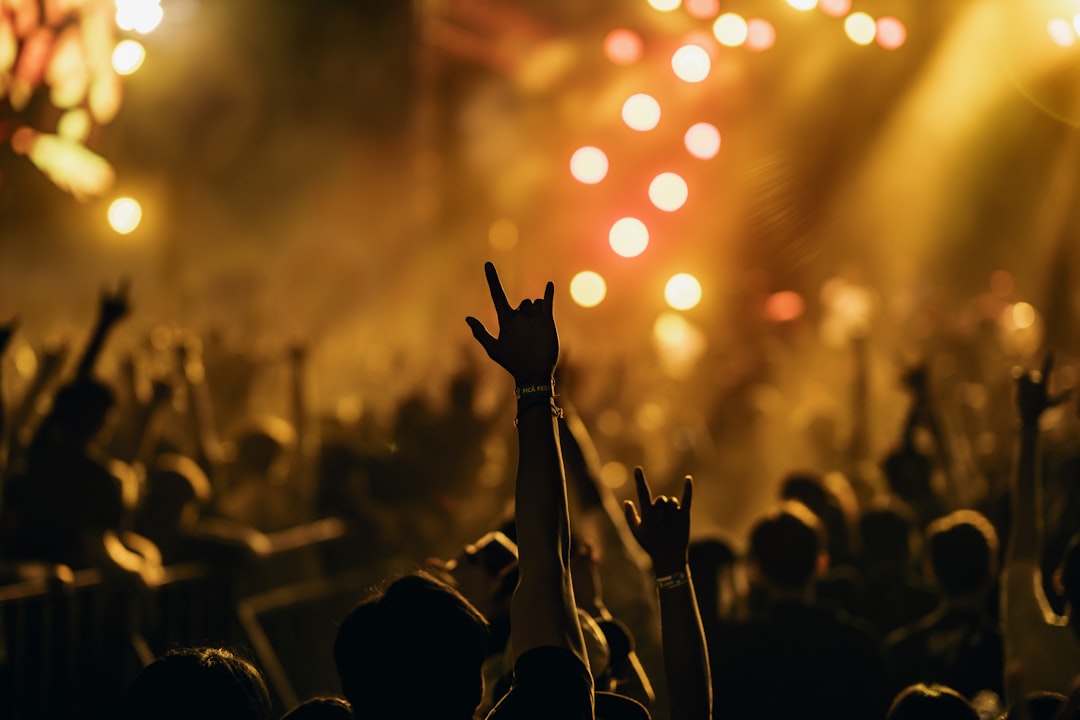 A crowd of people at a concert with their hands in the air