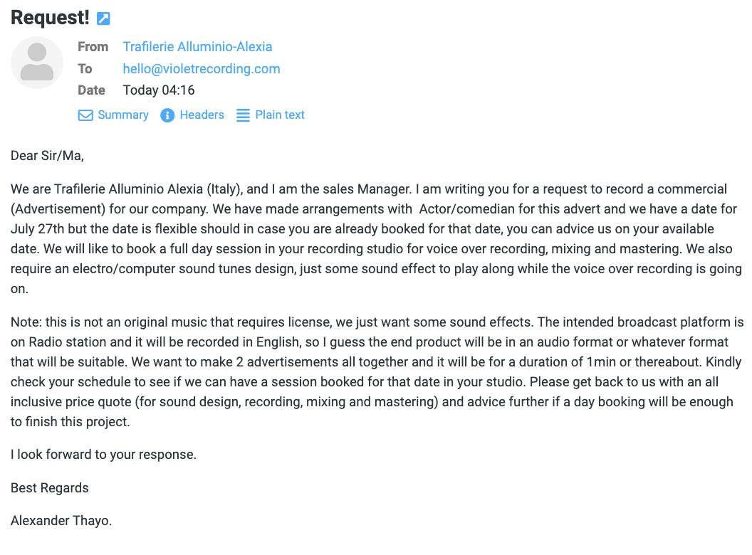 The “Record Our Commercial” Recording Studio Scam Email — and How to Spot It