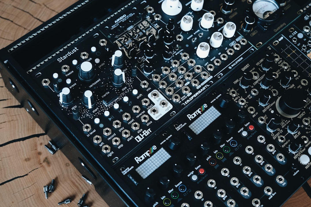 Close-up of a complex electronic music synthesizer