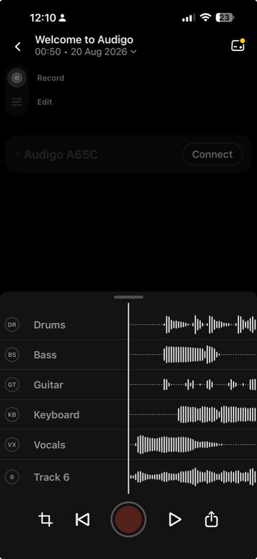 The Audigo Studio app showing a multitrack project with drums, bass, guitar, keyboard and vocals